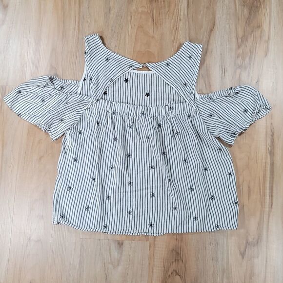 🔹️🔺️Anthropologie Everly Blue Embroidered Floral Cold Shoulder Top Large - Picture 3 of 16